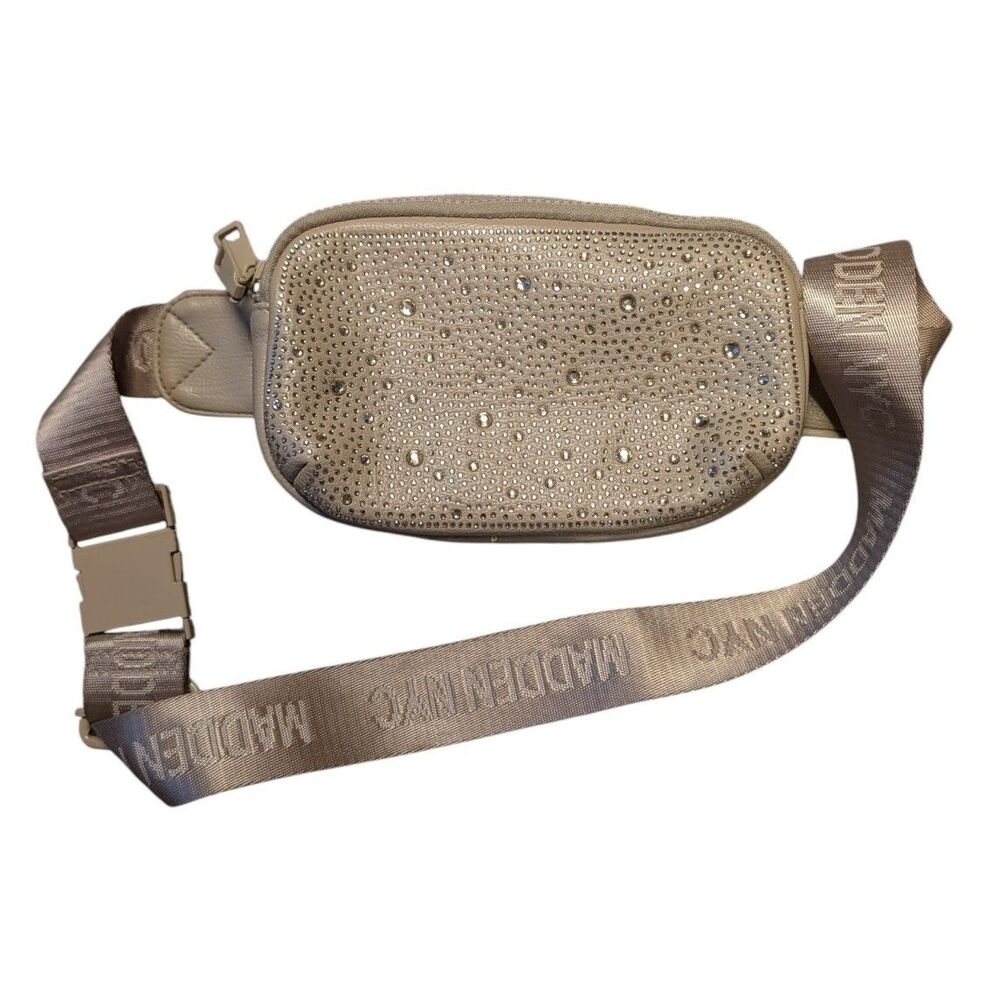 Madden NYC Women's Crystal Rhinestone Fanny Pack Crossbody Beige Faux Leather